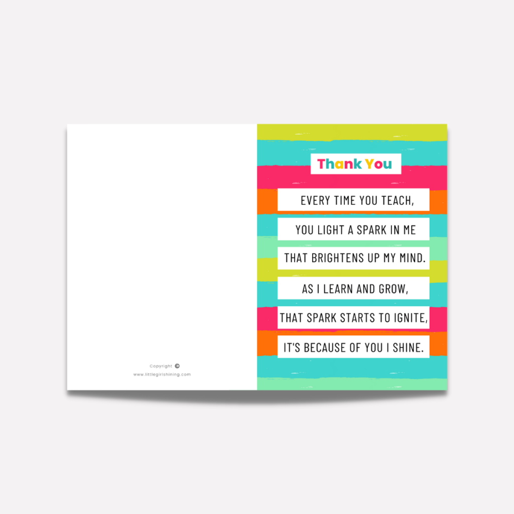 Thank You Card for Special Teacher - Printable Card - Little Girl Shining